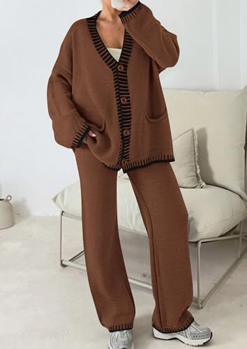 PRETTYGARDEN Women's Fall 2 Piece Knit Sweater Lounge Set - color: Coffee, size: X-Large