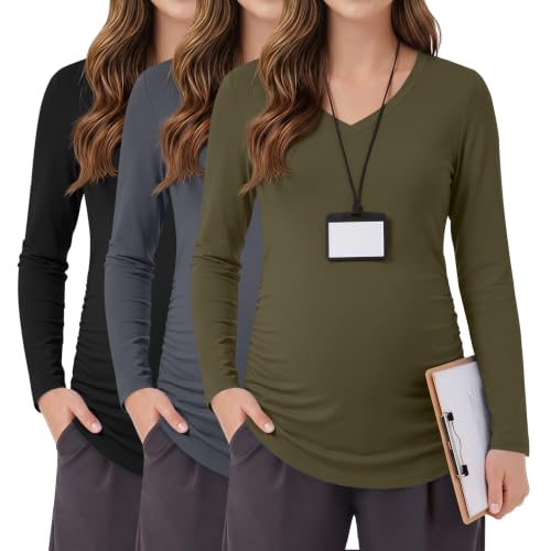 3 Pack Women Maternity Shirts Scrub Tops Side Ruched - color: Black, Dark Gray, Army Green, size: XX-Large