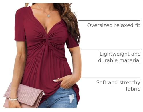 Tankaneo Womens Front Knotted V-Neck Blouse T Shirt Short Sleeve Oversized Tunic Tops Summer Solid Pullover Tees - color: B02-wine Red, size: Small