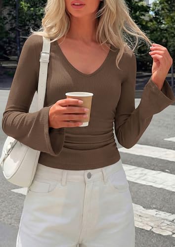 PRETTYGARDEN Womens Fall Cute Tops Bell Long Sleeve Shirts - color: Coffee, size: Medium