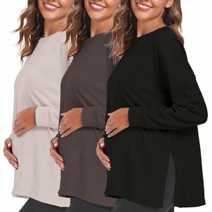 Ecavus Women's Maternity Shirts Long Sleeve Side Split Pregnancy Top - color: Apricot+grey+black, size: XX-Large