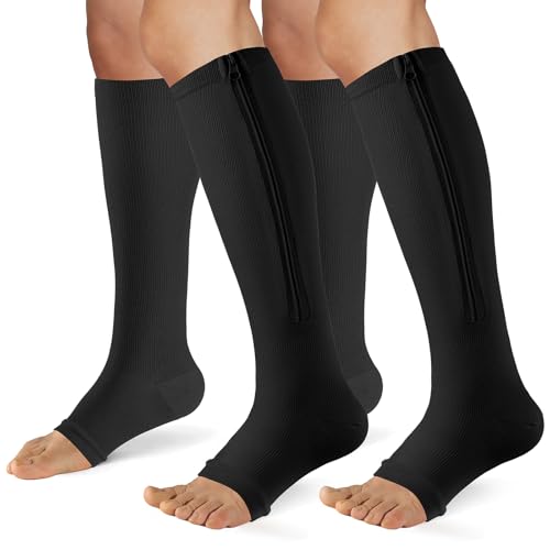 Zipper Compression Socks Women & Men |15-20mmHg Open Toe knee high - color: Black, size: Small-Medium