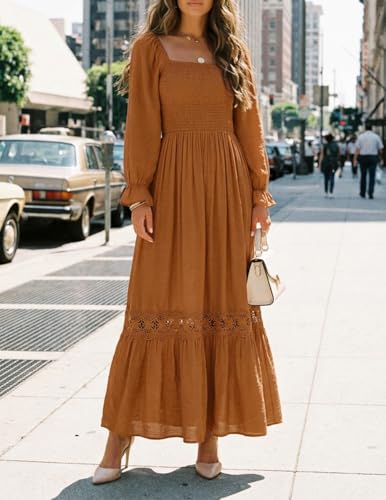 ZESICA Women's 2026 Boho Long Sleeve Fall Maxi Dress - color: Brown, size: Small