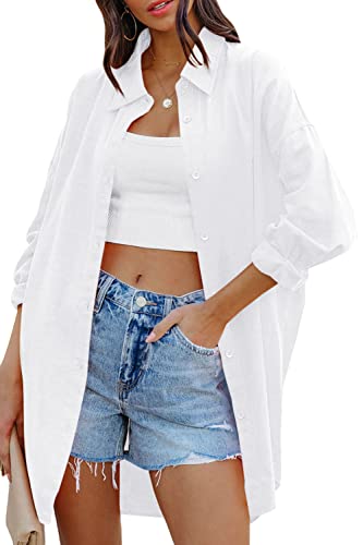 FSHAOES Womens Oversized Button Down Shirts Casual Loose Long Sleeve Solid Lapel Long Blouses Tops with Pockets - color: 01-white, size: XX-Large