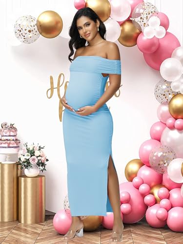 Women's Maternity Mesh Off Shoulder Party Long Dress Baby Shower - color: Blue, size: X-Large