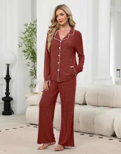 WIHOLL Women's Pajamas Sets Cute Ruffle Long Sleeve Button Up 2 Piece Pjs - color: Caramel, size: Small
