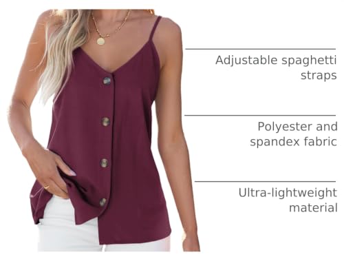 BLENCOT Womens Summer Spaghetti Strap Tank Tops Button Casual Camisoles - color: Wine, size: Small
