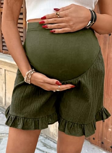 BLENCOT Maternity Shorts Over Belly Ruffle Hem Pregnancy Clothes - color: Jungle Green, size: Medium