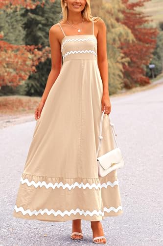 PRETTYGARDEN Women's Summer Spaghetti Strap Boho Maxi Dress - color: Beige, size: XX-Large