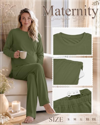 Huukeay 2 Pack Maternity Long Sleeve Pajamas Sets - color: Army Green, Coffee, size: Small