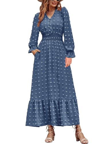 CzzzyL Women Nursing Boho Maxi Dress Swiss Dot Smocked with Pockets - color: Blue, size: Medium