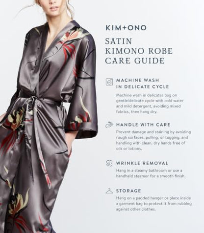 OLDSHANGHAI Satin Long Kimono Robe for Women - color: Hana - Teal