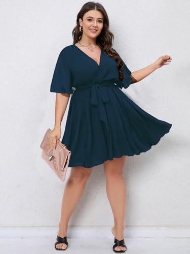 SCOMCHIC Women's Plus Size Wrap Summer Mini Dress - color: Lake Blue, size: X-Large Plus