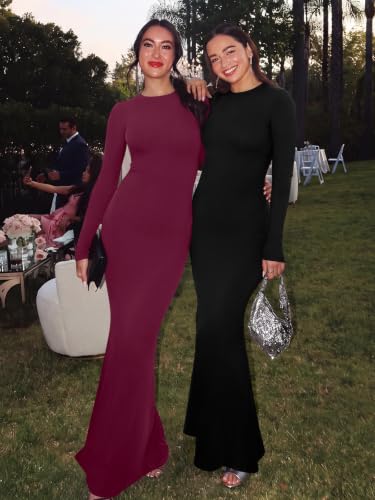 REORIA Women's Long Sleeve Ribbed Bodycon Maxi Dresses - color: Burgundy, size: X-Small