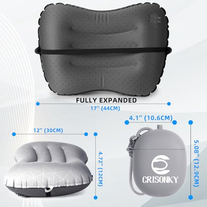 Crisonky Camping Pillow, Inflatable Pillow with 2-in-1 Air Pump Storage Bag - color: Grey