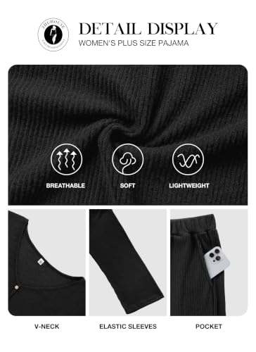 Plus Size Pajama Set for Women Long Sleeve Loose Fit Loungewear - color: Black, size: XX-Large Plus