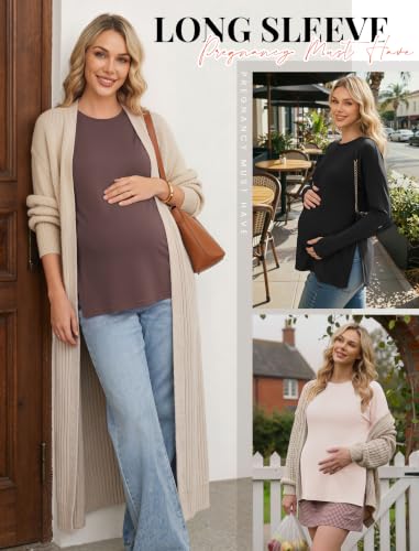 3 Pack Women Maternity Shirts Long Sleeve Pregnancy Tops with Thumb Hole - color: Black/Brown/Beige, size: Small