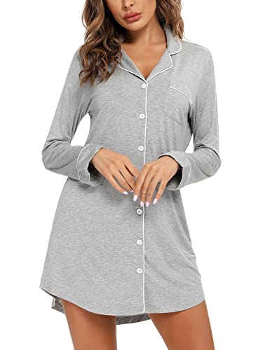 Samring Nightgowns for Women Long Sleeve Button Down Night Gown Sleepshirts - color: Light Grey, size: XX-Large