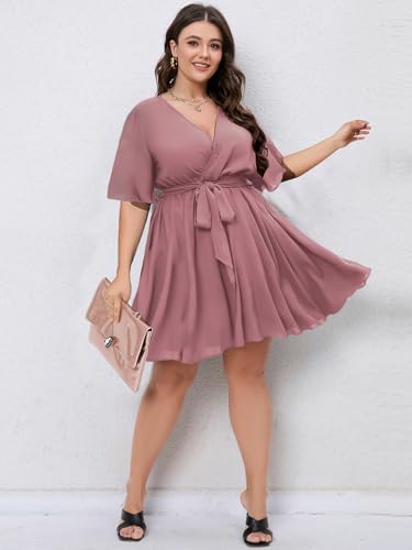 SCOMCHIC Women's Plus Size Wrap Summer Mini Dress - color: Dusty Pink, size: XX-Large Plus
