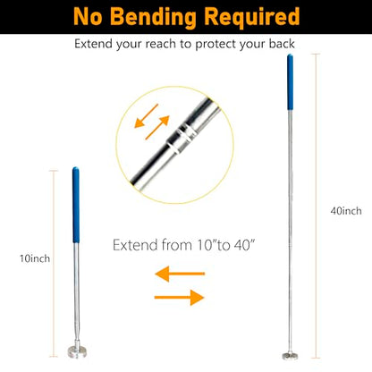 Telescoping Magnetic Pickup Tool, 40” Extendable Large Magnet Stick with 35 LB Pull Capacity, Strong Handheld Magnet Pick up Tool for Retrieving Nails, Screws and Metal Objects (Blue) - color: Blue