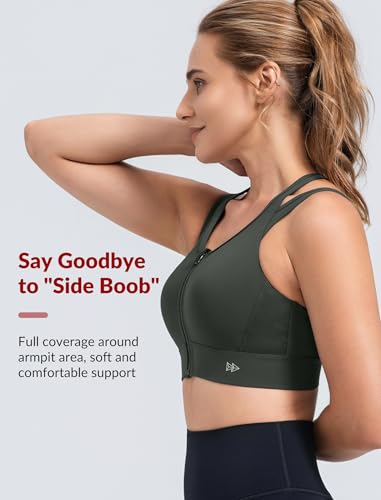 Yvette Front Closure Double Straps Sports Bra Running - color: Dark Green, size: (Large) A/C