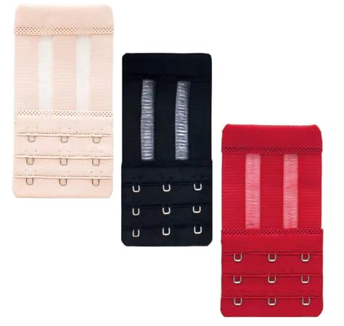 Women Elastic Bra Extenders 1-6 Hook, Bras Back Extension Strap - color: 3 Hook 3/4" Spacing,black/Beige/Red 3pcs