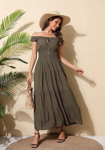 Women's 2026 Summer Boho Floral Print Tiered Casual Flowy Long Maxi Dress - color: Army Green, size: Medium