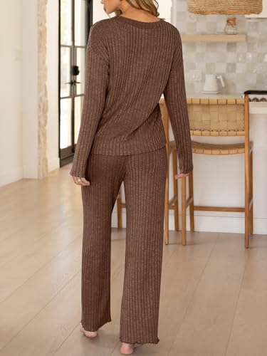 ANRABESS Womens Lounge Set 2 Piece Pajama Sets Ribbed Knit Matching Set - color: Brown, size: Medium