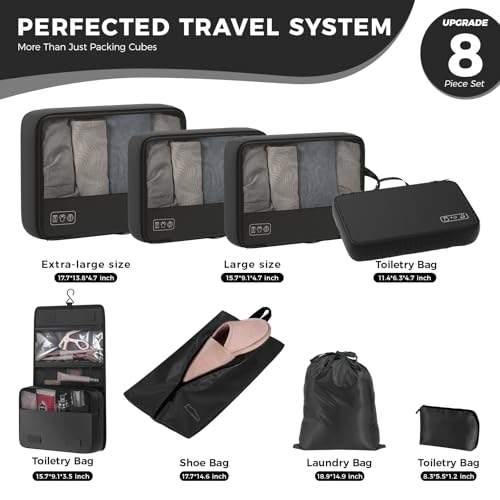 Compression Packing Cubes for Travel, 8-Piece Luggage Organizers Space-Save - color: Black-8 Set