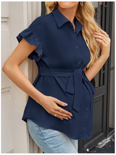 MakeMeChic Women's Maternity Nursing Work Blouse Pregnancy Ruffle Tops - color: Royal Blue, size: Small
