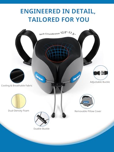 SARISUN Travel Neck Pillow for Airplane, Combo 3D Eye Mask and Seat Strap - color: Grey&black