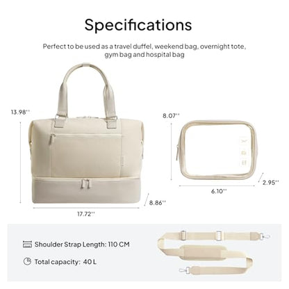 TOPEAST Travel Duffle Bag, Weekender Bags for Women with Shoe Compartment - color: Beige