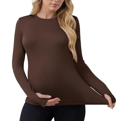 Women Maternity Stretchy Fitted Crew Neck Long Workout Tops - color: Brown, size: XX-Large