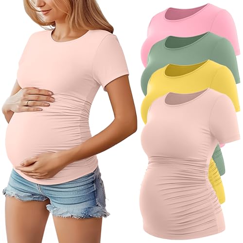 Huukeay 4 Pack Women's Short Sleeve Maternity Tops - color: Beige, Pastel Yellow, Gray Green, Light Pink, size: Large