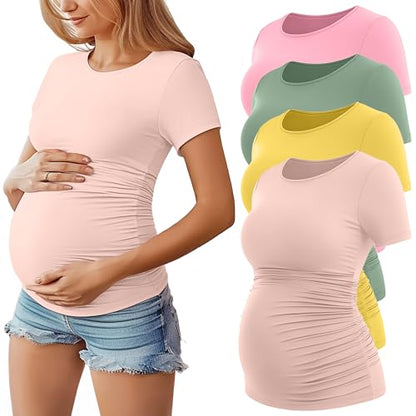 Huukeay 4 Pack Women's Short Sleeve Maternity Tops - color: Beige, Pastel Yellow, Gray Green, Light Pink, size: Large