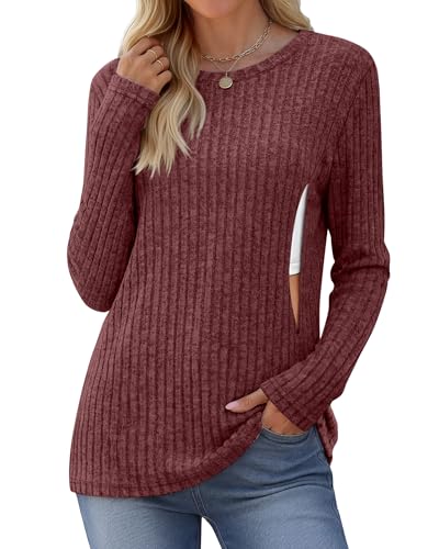 Womens Maternity Nursing Breastfeeding Ribbed Shirt - color: Burgundy, size: Medium