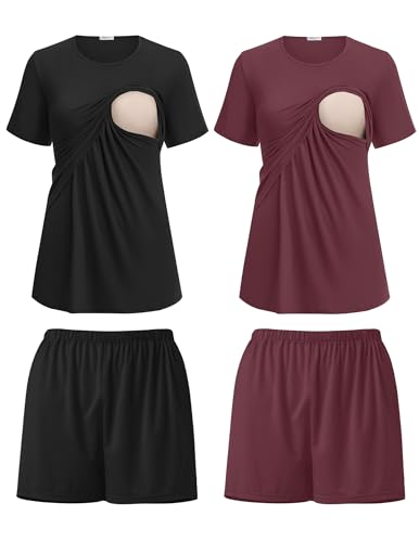 Ekouaer 2 Pack Nursing Pajamas Set Postpartum Outfits for Women - color: Black/Dark Red, size: X-Large