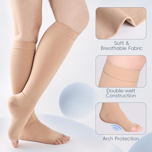 2 Pairs 20-30mmHg Knee High Compression Socks for Women, Open Toe - color: Beige & Black, size: XX-Large