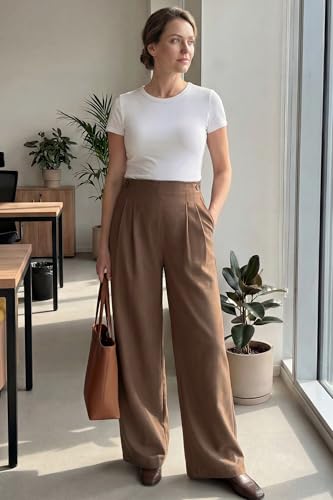 OUGES Women's Linen Maternity Pants Casual Work Adjustable Waist Straight Leg Business Office Trousers with Pockets - color: Dark Brown, size: XX-Large