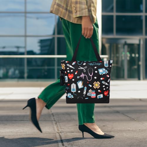 NGIL Medium Canvas Tote Bag with Coin Purse - color: Nurse Print-black