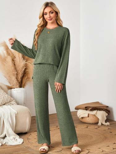 Kikibell Womens Sets 2 Piece Outfits Matching Lounge Set Cozy Knit Pajamas - color: Army Green, size: Medium