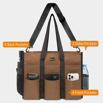 TOPDesign Utility Water Resistant Tote Bag with 22 Pockets, Zipper Closure - color: Brown, size: Medium