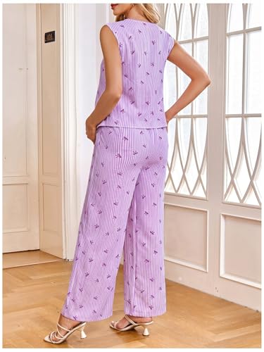 MakeMeChic Women's Maternity Summer 2 Piece Outfits Pregnancy Boho Vacation Striped Bow Top and Pants Set - color: Purple, size: XX-Large