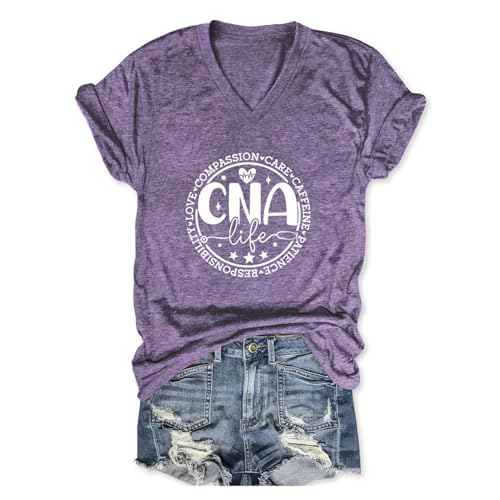 Nurse V Neck T Shirts for Women, Certified Nursing Assistant Tshirt - color: Purple, size: Large