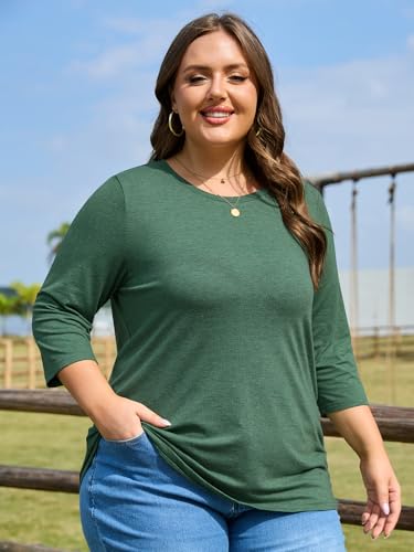 ZDC Womens Plus Size Shirts 3/4 Sleeve Tops Casual Crew Neck Blouse - color: Green, size: 5X-Large