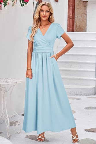OUGES Women's Wrap V Neck Summer Maternity Photoshoot Dress with Pockets - color: Light Blue, size: Small