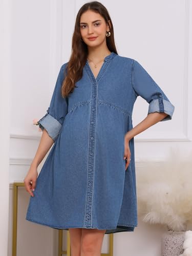 Women's Maternity Denim Dress Babydoll Long Sleeve Cotton Button Down Shirt Dresses Fall - color: Blue, size: Large