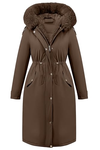RISISSIDA Women Winter Puffer Coat,Long Parka,Fur Trim Hood - color: Dark Coffee, size: Medium