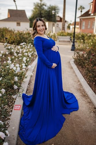 Saslax Off Shoulder Maternity Maxi Dress for Photoshoot - color: Blue, size: Medium