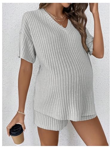 MakeMeChic Women's Maternity 2 Piece Sets Ribbed Shirt and Biker Shorts - color: Light Grey, size: Small